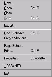 Working with the Program Interface A-3 Figure A-1 File menu Table A-1 Option New Open Save Export File Menu Summary Purpose Create a shadow file of the active publication (see Creating and Opening