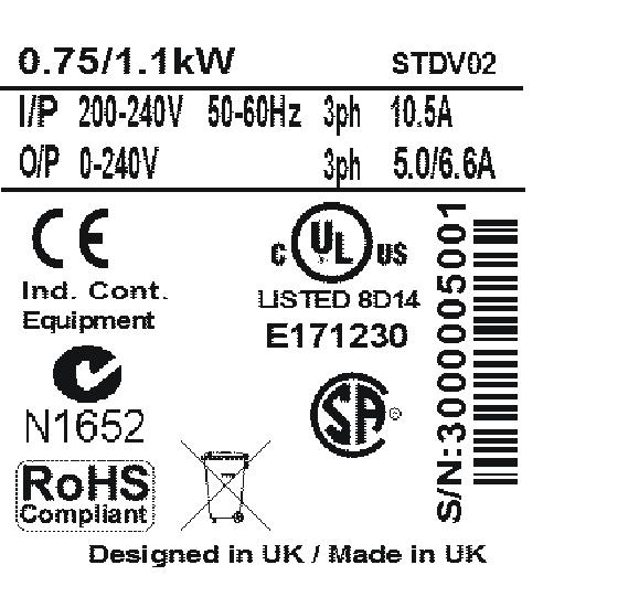 R 2.2 Nameplate description Figure 2-2 Typical drive rating labels Model Frame size Normal Duty current rating Refer to User Guide F300-084 01840 A Input voltage Normal Duty power rating Output