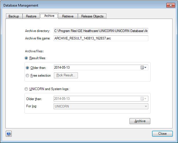 4 Database management 4.2 Database maintenance 4.2.3 Archive data 2 Click the Archive tab.