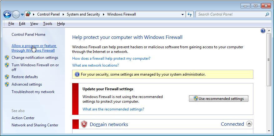C Firewall settings Manually define firewall exceptions in Windows Firewall Follow the instructions to define firewall exceptions in the Windows Firewall: 1 In the Control Panel (category
