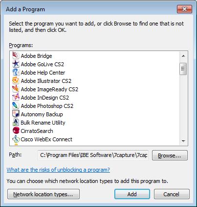 C Firewall settings 2 Click Change Settings to make all buttons available, then click Allow another program to open the Add a Program dialog box: 3 4 5 Click Browse to locate and select the program