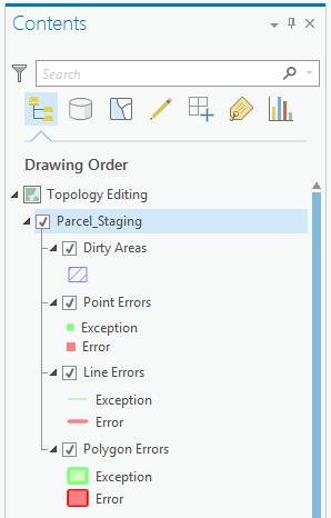Geodatabase Topology Geodatabase Topology layer is now a group layer in the map - Allows you to work with errors as standard feature layers - Can now label errors in the map for visualization
