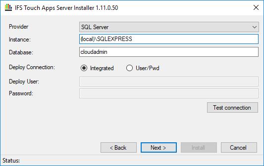 5.3 Database Default Database Settings On this page, provide information about the database used by the IFS Touch Apps Server. Supported database providers is SQL Server and Oracle 12+ 1.