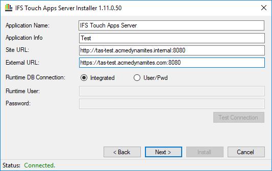 5.5 IIS On this page, specify the name of the IIS application and URL s on which the IFS Touch Apps Server can be reached. Application Info. Additional information (e.g. environment) that is displayed on the IFS Touch Apps Server Page header Site URL.