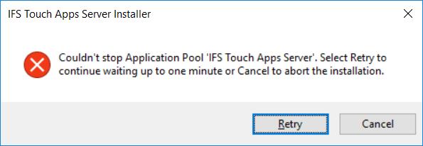 5.6.2 Application Pool busy If the IIS Application Pool is too busy to be stopped, you will get the following message.