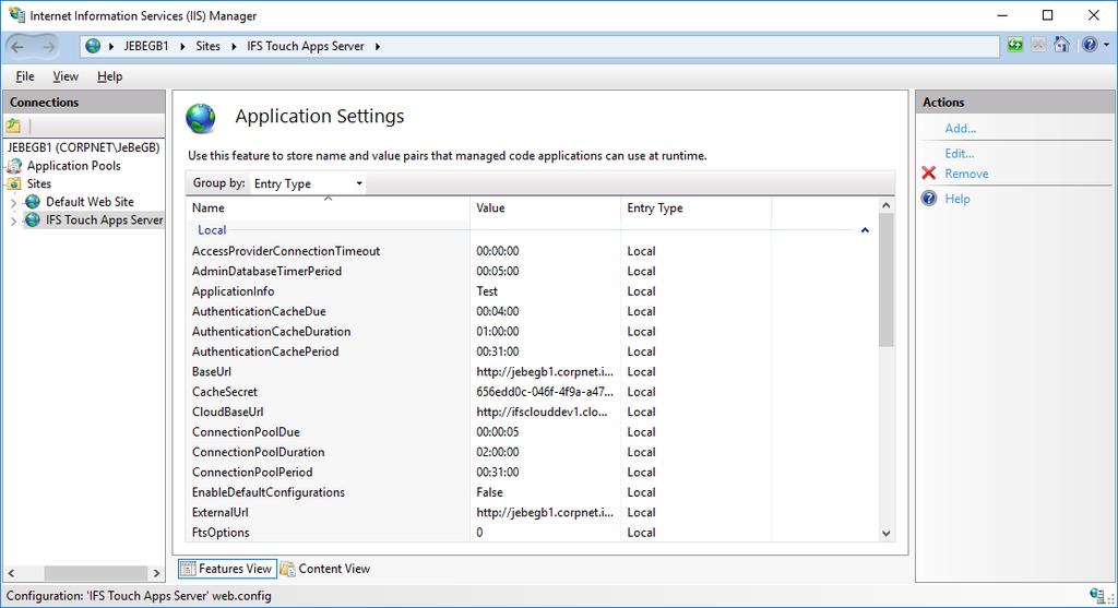 6.4 Application Settings The easiest way to change settings is through the Application Settings feature of IIS Manager. 6.4.1 Resource Location Each Touch App consists of a server part and one or more clients.