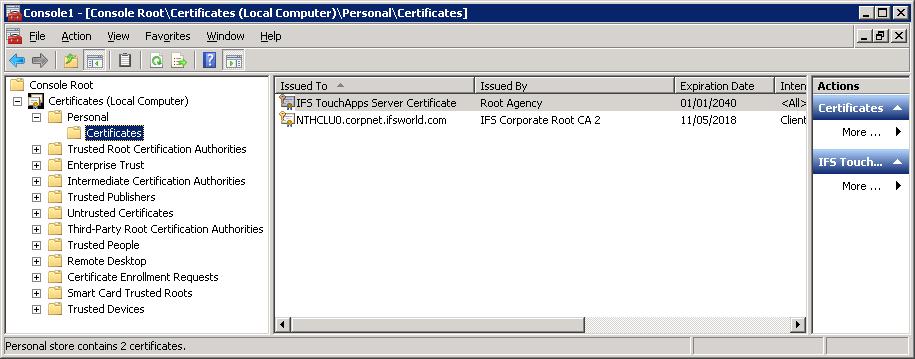 7.8 Export Certificate The IFS Touch Apps Server Certificate must be exported from the File Server and shared so that it can easily be imported on each Web Server.