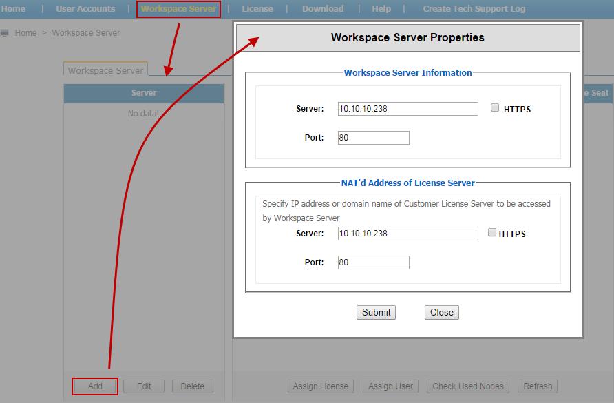 c) Associate Automation Server with Workspace Server Log into the NetBrain Workspace Server homepage by entering URL http://<ip or domain name of Workspace Server>/Workspaces/Login.
