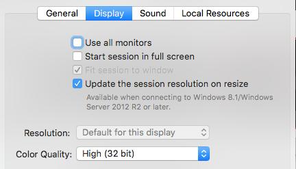Display Tab Untick use all monitors Untick Start session in full screen Tick