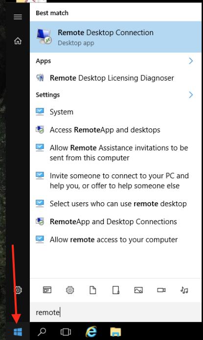 Windows RDP Instructions Click on the Start button at the lower left of the screen and start typing