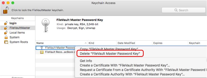 1 Navigate to FileVault Master Password Key > Delete "FileVault Master Password Key" and select Delete to confirm deletion of the private key.