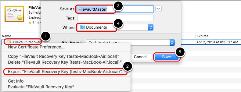 1 Select the FileVault Recovery Key certificate in the FileVaultMaster keychain. 2 Select Export FileVault Recovery Key (...).