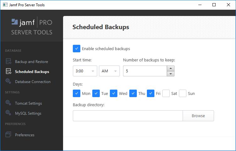 Open Jamf Pro Server Tools. Click Scheduled Backups in the sidebar. Select the Enable scheduled backups checkbox. If prompted, enter your Jamf Pro Server Tools configuration password. 5.