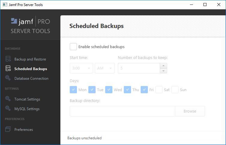 Stopping Scheduled Database Backups Open Jamf Pro Server Tools. Click Scheduled Backups in the sidebar. Deselect the Enable scheduled backups checkbox.