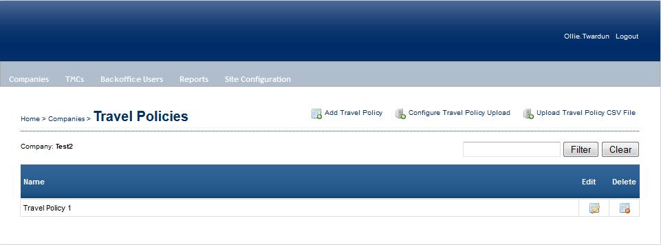3.2.8 Travel Policies Click the Travel Policies icon and the following screen is displayed This screen displays all Travel Policies that have been setup for your company and allows you to add, edit