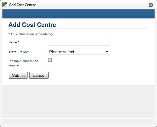 3.2.9 Cost Centre Click on the link to create the cost centre.