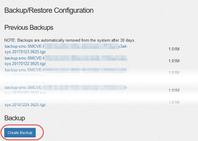 3. Click Support > Backup/Restore Configuration. The Backup/Restore page opens as shown in the example at right. 4. Under the Backup section, click Create Backup.