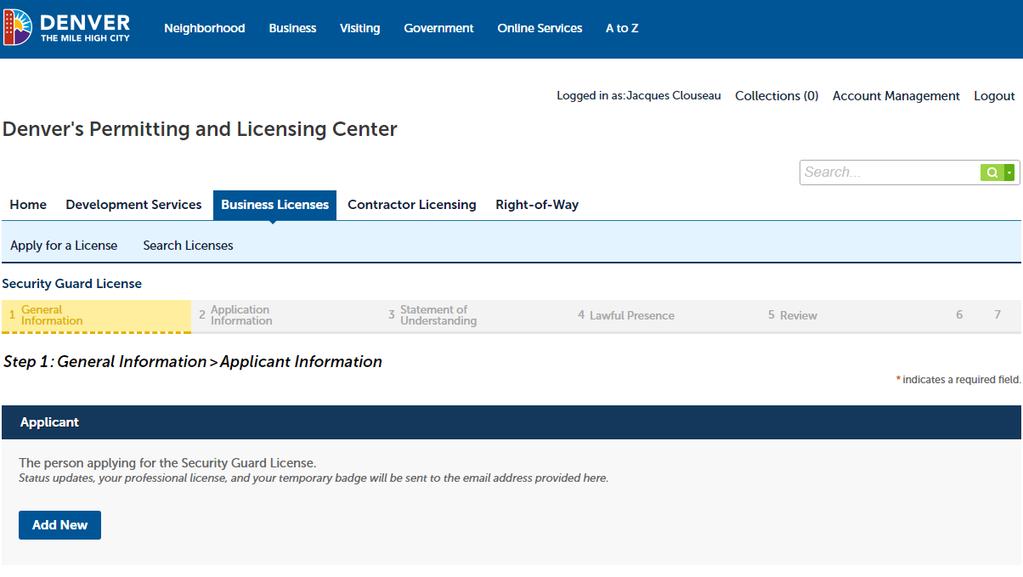 Click the Add New button to add your Applicant information.