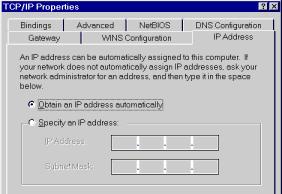 Figure 12: IP Address (Win 95) Ensure your TCP/IP settings are correct, as follows: Using DHCP To use DHCP, select the radio button Obtain an IP Address automatically.
