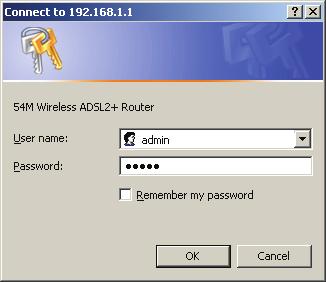 Figure 4-1 Note: Do not mix up the user name and password with your ADSL account user name and