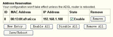 3. Type the MAC Address(00:13:8F:A9:E6:CA for instance) of the computer which you want to reserve an IP(192.168.1.100 for instance) for in the MAC Address text box; 4. Type the IP Address(192.168.1.100 for instance) you have reserved in the Reserved IP Address text box; 5.