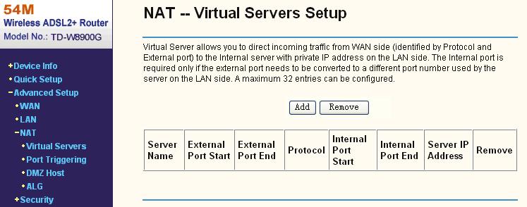 Figure 5-15 Choose Advanced Setup NAT, there are four submenus under the main menu: Virtual Servers, Port Triggering, DMZ Host and ALG.
