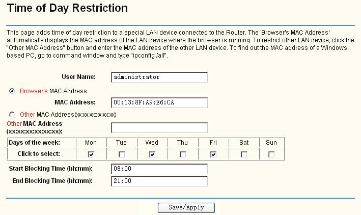 Figure 5-29 To setup a Parental Control rule: 1. Click the Add button (pop-up Figure 5-29), and then you will set the new rule in the next screen (shown in Figure 5-30). Figure 5-30 2.