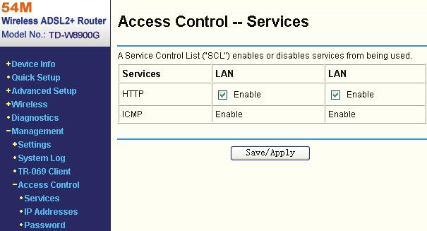 5.7.5 Access Control This section provides three submenus including Services, Addresses and Password (shown in Figure 5-74), the detailed descriptions are provided below.