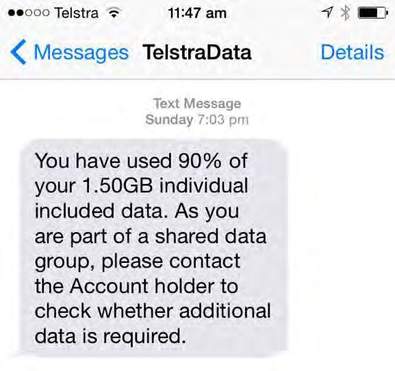 HOW TO TRACK INTERNET USAGE Telstra will send you a text messages like this This means you have nearly used all the data that is included in your phone plan.