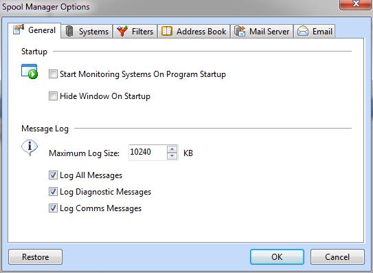 Spooled File Manager GUI Program options Program options To modify the Spooled File Manager GUI Options, either click on the Options icon on the toolbar or select Tools Options.