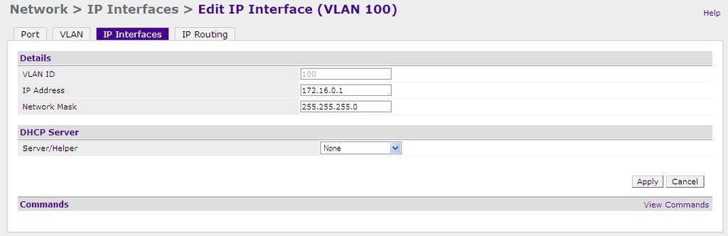 Configure the IP address (IP Interface of a VLAN) and Enable it To configure the IP interface of a VLAN access the menu at Configuration Basic Network IP Interfaces.