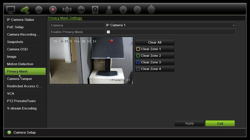 Chapter 10: Camera setup Using the mouse, click and drag a privacy-mask box in the camera view window over the desired area. You can set up to four areas for privacy masking.
