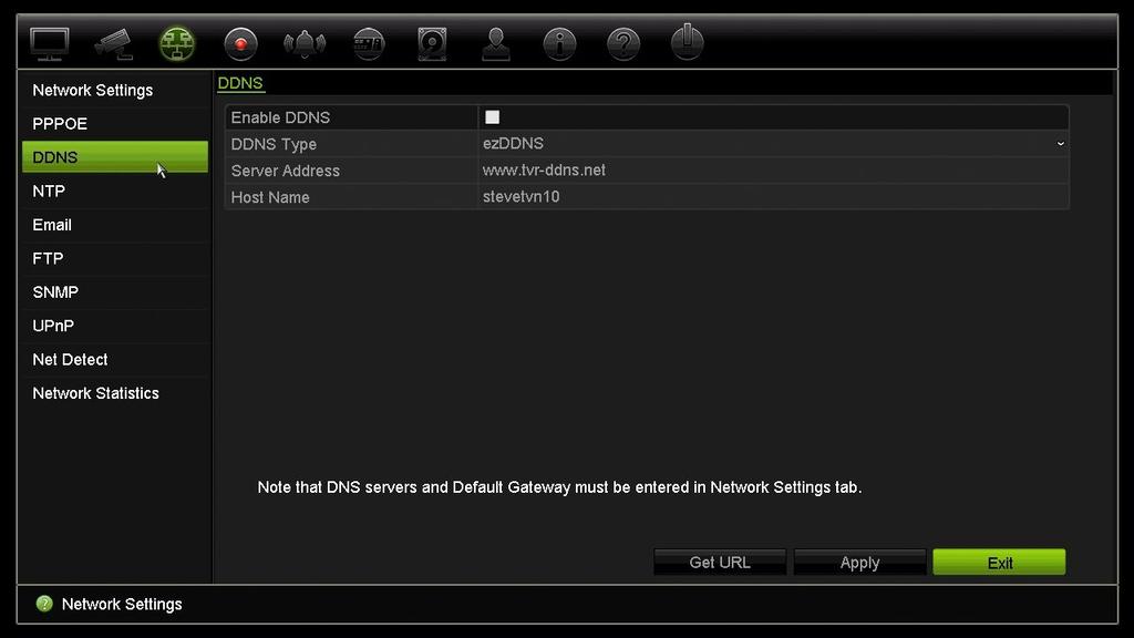 Chapter 11: Network settings Figure 27: ezddns setup window Note: You cannot have two recorders with the same host name. To set up DDNS: 1. From the menu toolbar, click Network Settings > DDNS. 2. Check the Enable DDNS box to enable this feature.