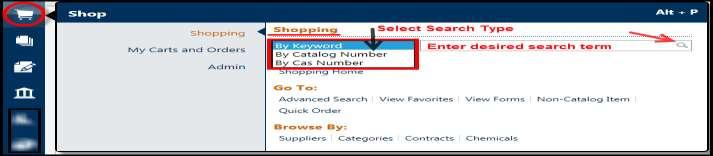 A small window displays and within it select search type and enter search criteria. Select the search icon.