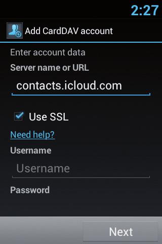 You will need to enter the icloud server information, type the server name contacts.icloud.com under the Server name or URL.