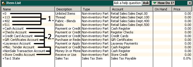 Example of QuickBooks Items using TRS_QB 1. Items are added to QuickBooks on the fly'. TRS_QB creates these items as Noninventory Parts.