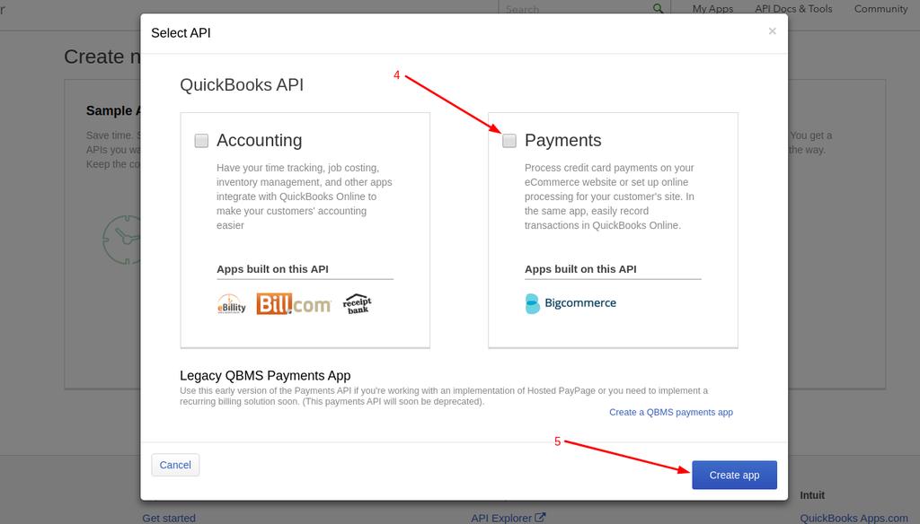 Step 4: Check Payments for the API type, then Step 5: click on Create