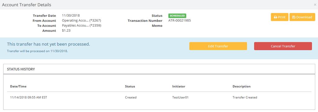 Complete The Complete button submits your transfer instructions to the bank. The Complete screen indicates that your transfer has been submitted for processing.