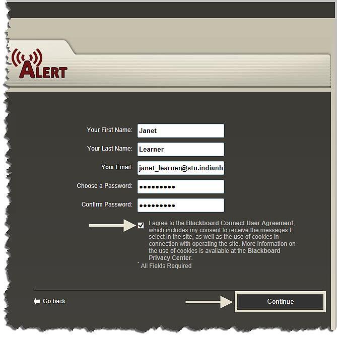 Check the box next to I agree to the Blackboard Connect User Agreement Then, click Continue.