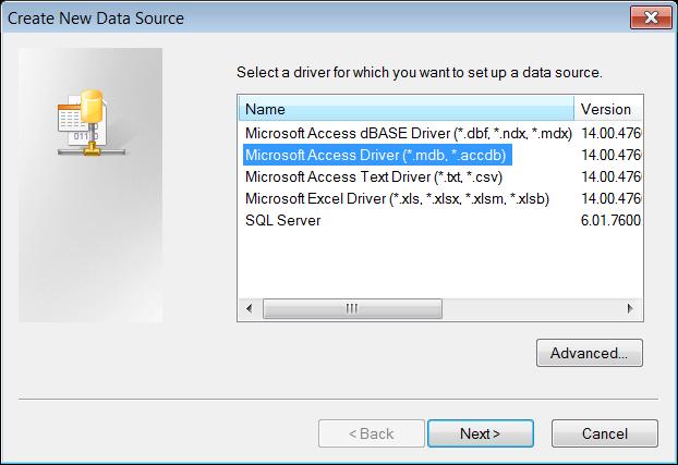 Once you clicked [Select a new connection] and Export button, the Select Data Source dialog displays. Select the New button and choose Microsoft Access Driver (*.