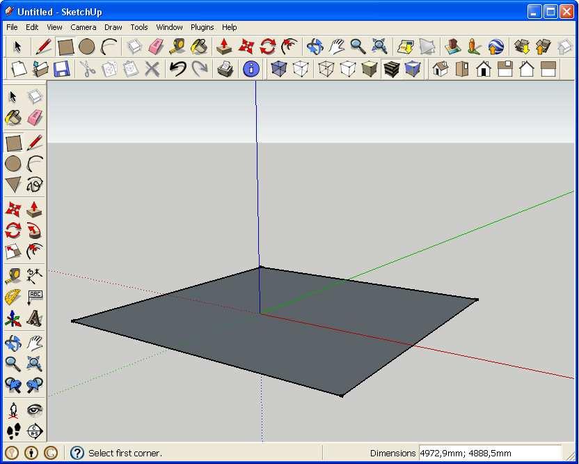Introduction Open SketchUp, and an empty file appears. You are looking at the red-green plane, and the blue axis (vertical) is pointing toward you.