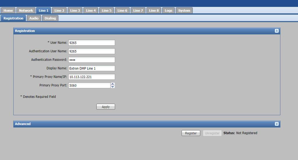 3.3 Line Registration Click on the first line tab to be configured as part of the system, e.g. Line 1. 1) User Name: Set this to match the extension number from Section 2.