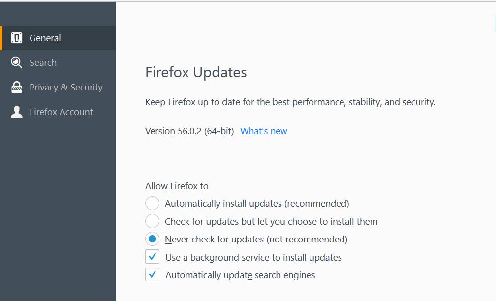 Scroll to Firefox Updates Select "Never check for updates (not