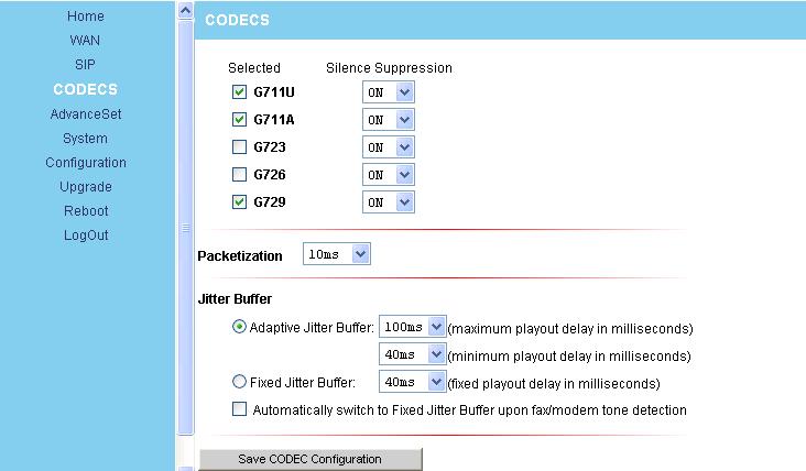 9.4 CODECS Setting If the device is running one of the four VoIP applications, this page is available for configuring the audio CODEC parameters, as well as the Jitter Buffer settings for the CODEC