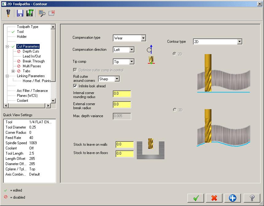 Step 7. Select Tool from the tree control and: Confirm 285 1/4 FLAT ENDMILL Feed rate 40 Plunge rate 20 Fig. 74. Step 8.