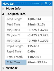 Note Total Time to run program under Toolpath Info in the Move List panel (roughly 28 minutes 22 seconds), Fig. 81. Step 5.