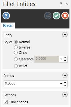 E. Fillet. Step 1. On the Wireframe tab click Fillet Entities. Step 2. In the Fillet Entities function panel: under Radius, Fig. 10 Radius.