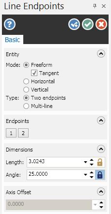 G. Create Line. Step 1. On the Wireframe tab click Line Endpoints. Step 2. In the Line Endpoints function panel: under Dimensions, Fig.