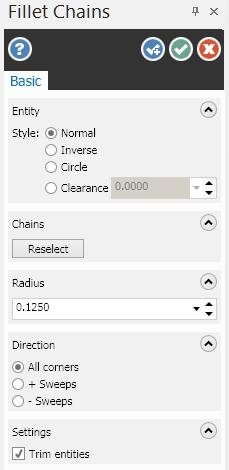 J. Fillet Chains. Step 1. On the Wireframe tab click Fillet Chains on Fillet Entities drop down. Step 2.