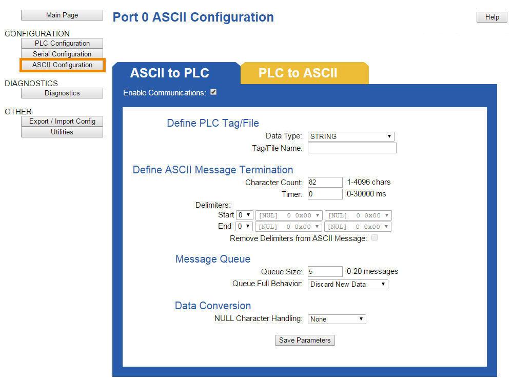 Setting up ASCII to PLC Communication Click the ASCII Configuration button under the CONFIGURATION section.